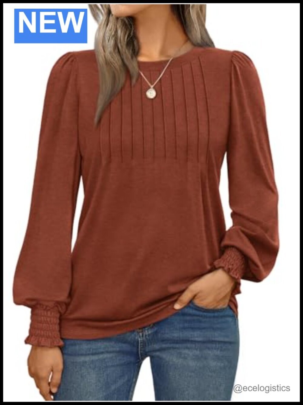 Womens Long Sleeve Tunic Top Pleated Smocked Cuffs Work Blouse Fall